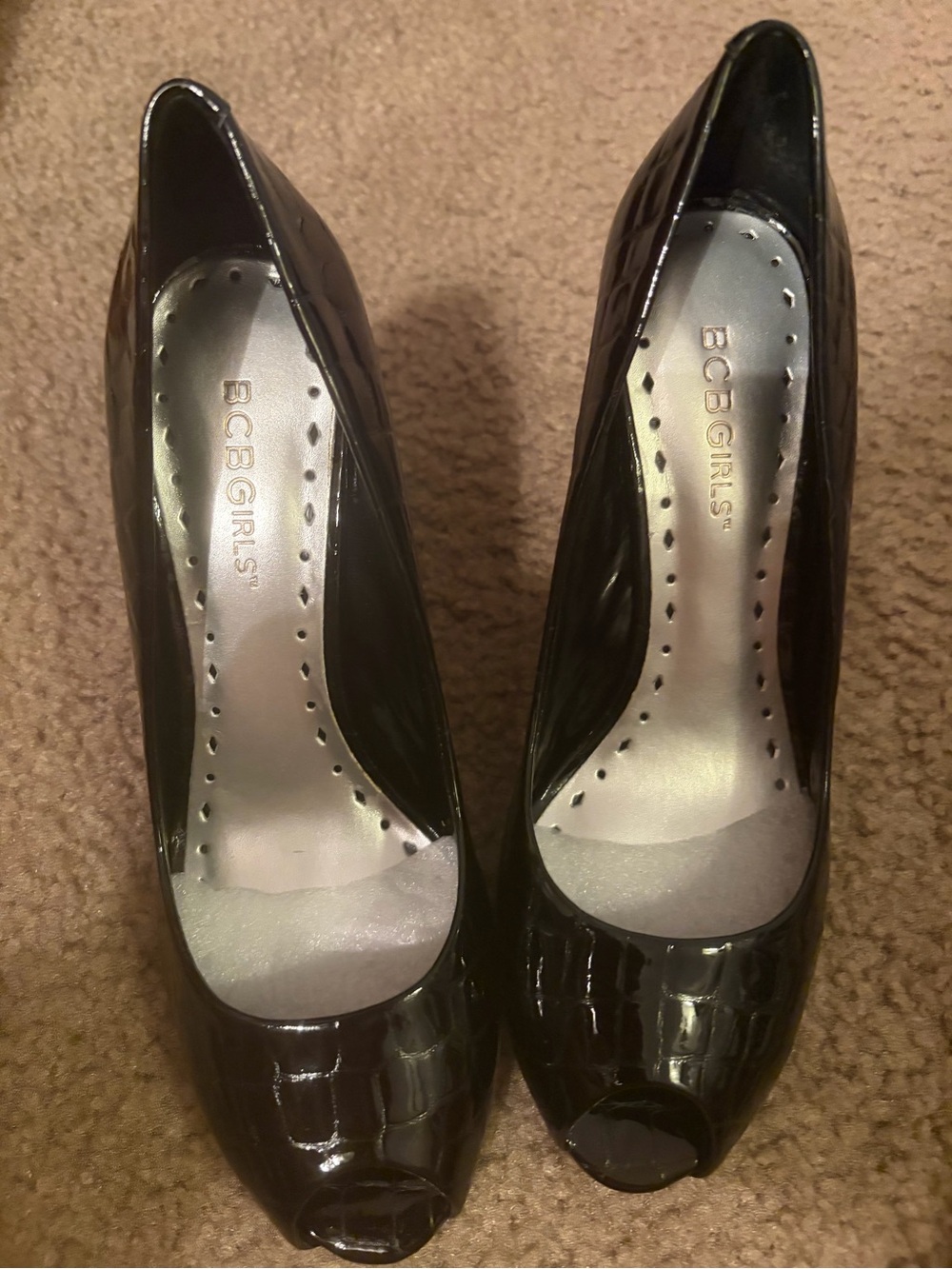 BCBGeneration Black Patent Peep-Toe Croc-Embossed Pumps